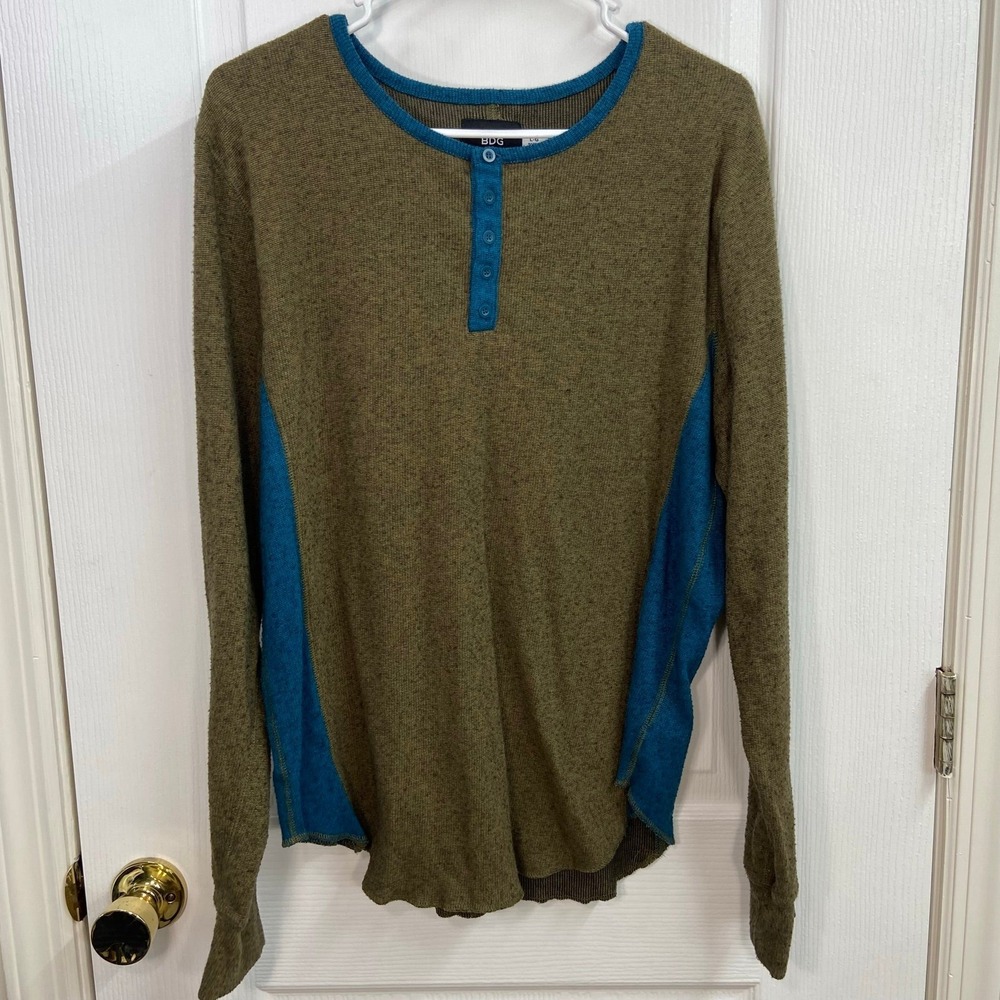 BDG green cotton speckled knit stretch Henley long sleeve‎ soft sweater large